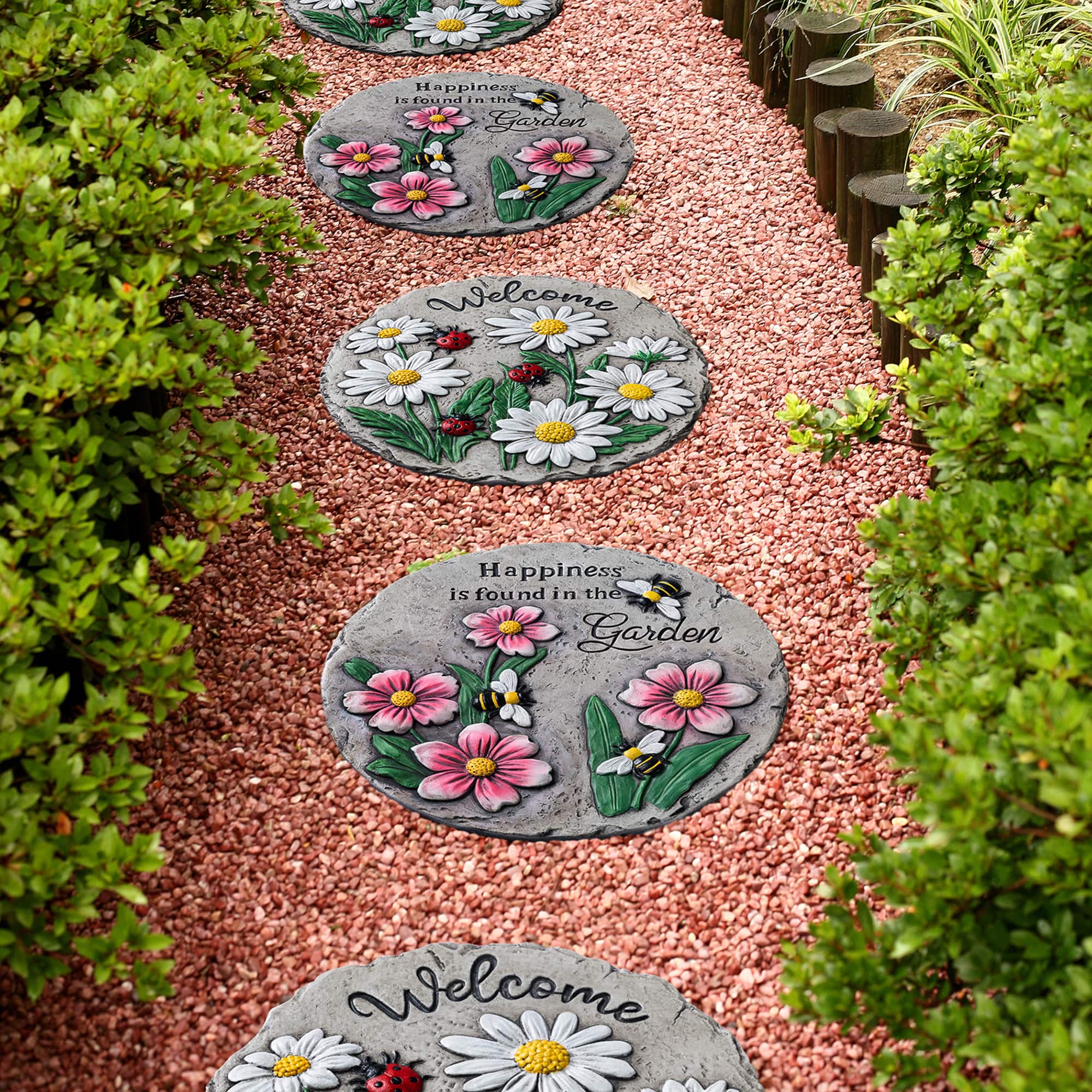 Glitzhome® 10" Set of 2 Cement Ladybug and Bee Flower Textured Stepping Stones